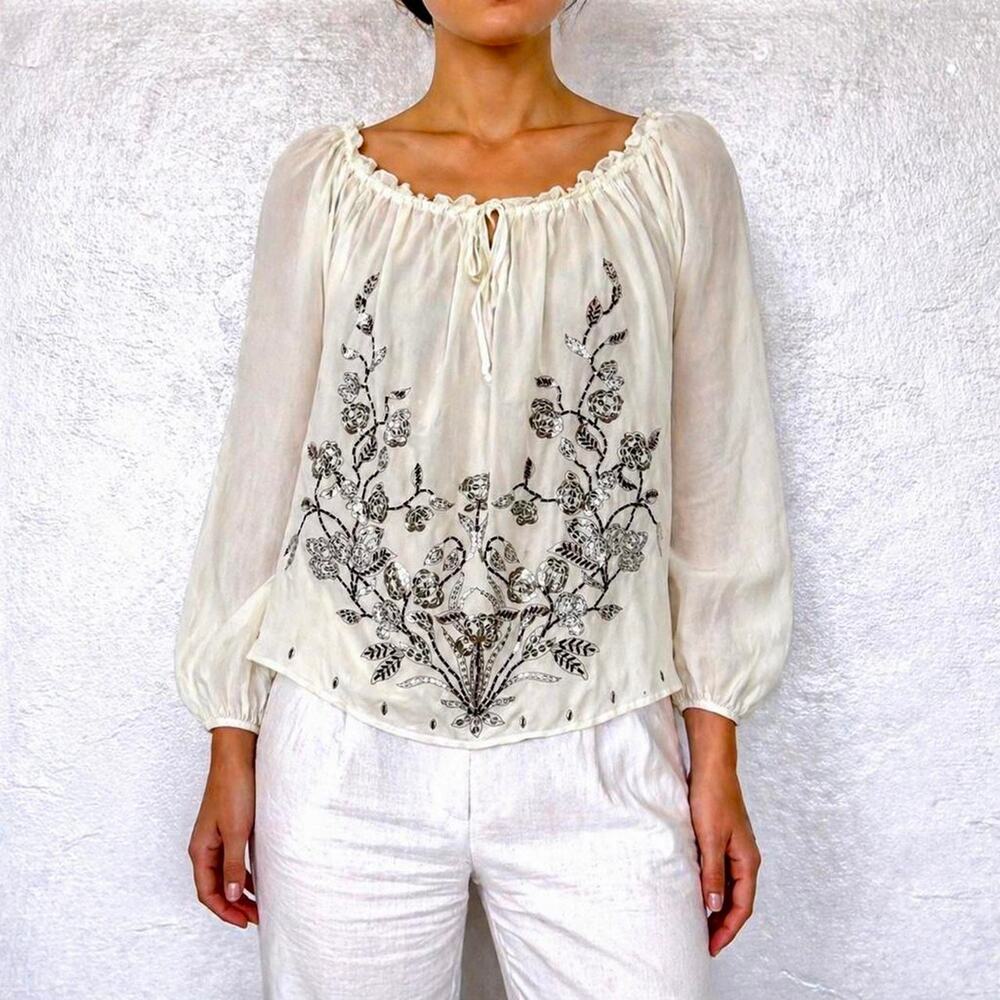 Vintage Y2K 100% Silk Ivory Embroidered Fairy Peasant Blouse Size M Luxury